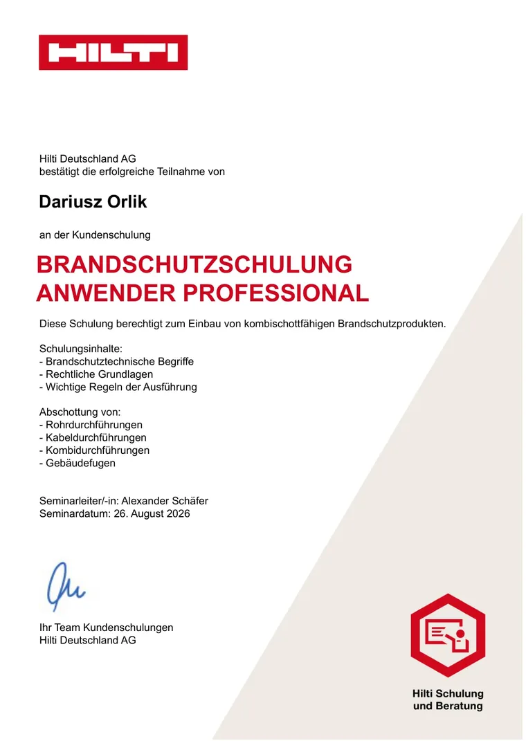 Schulungsnachweis Hilti Brandschutzschulung Anwender Professional für Dariusz Orlik