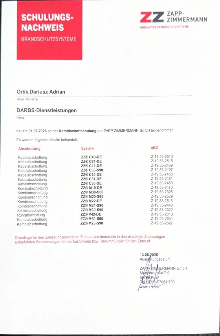 Schulungsnachweis Zapp-Zimmermann Brandschutzsysteme für DARBS-Dienstleistungen